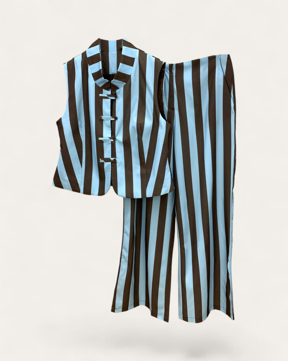 Contrast Stripe Vest & Wide Leg Pants Set - Zilvina