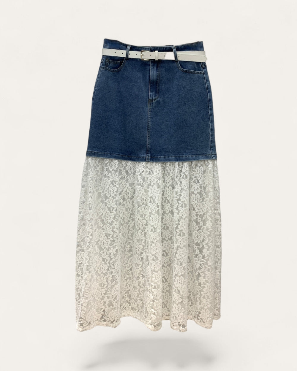 Denim & Lace Panel Midi Skirt - Zilvina
