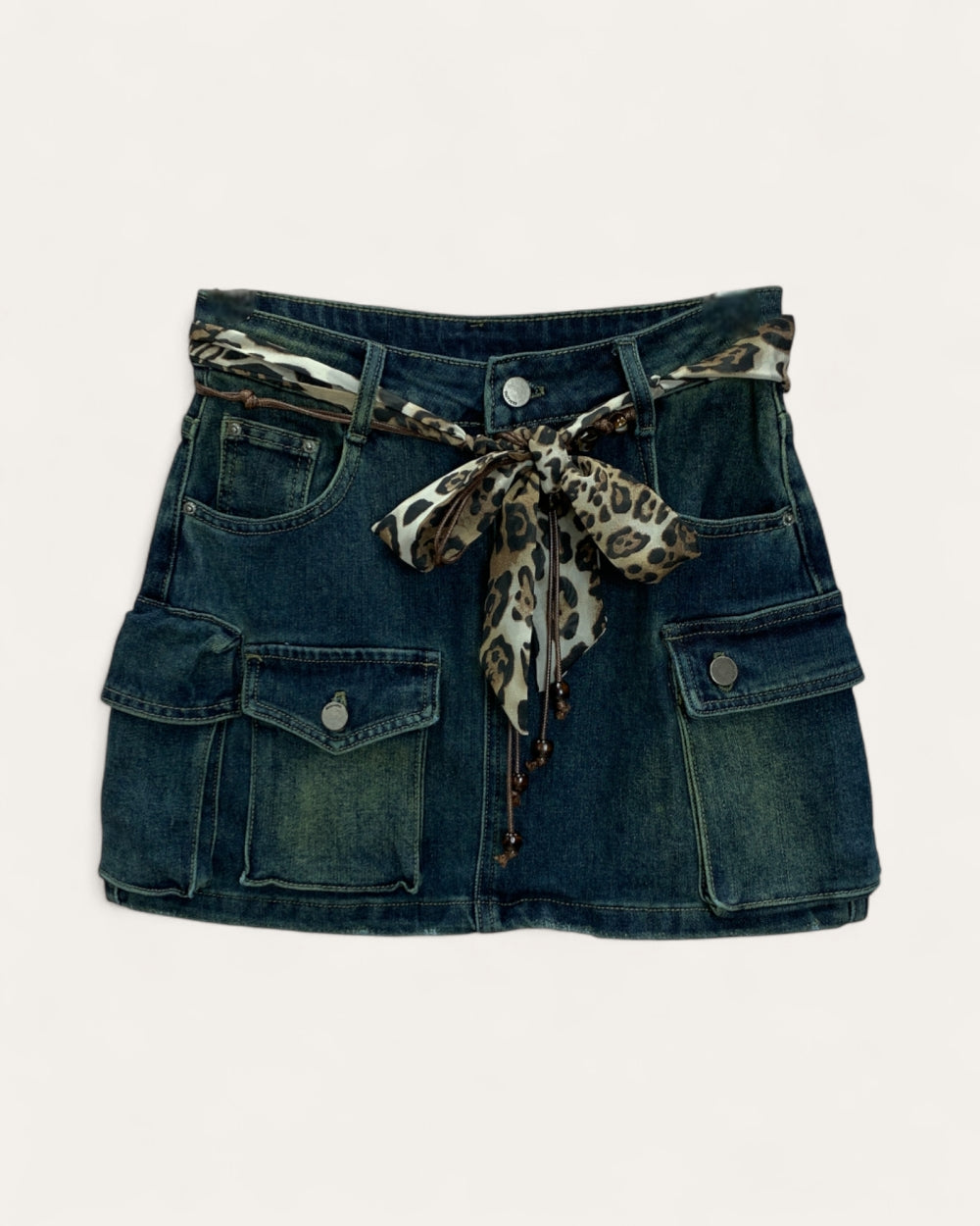 Denim Mini Cargo Skirt with Scarf Belt - Zilvina
