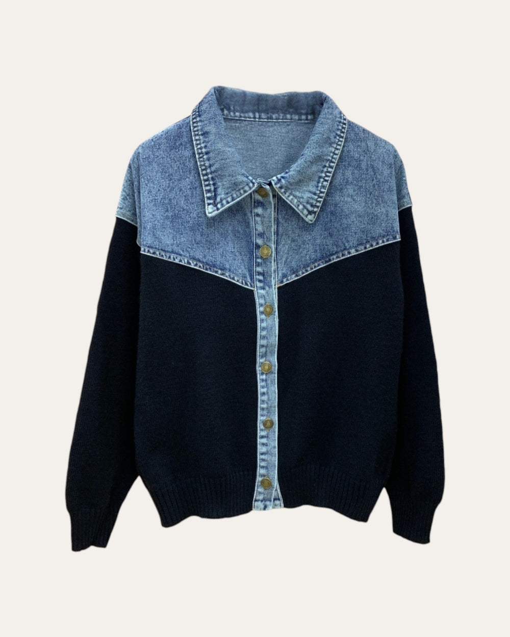 Denim Panel Button Knit Cardigan - Zilvina