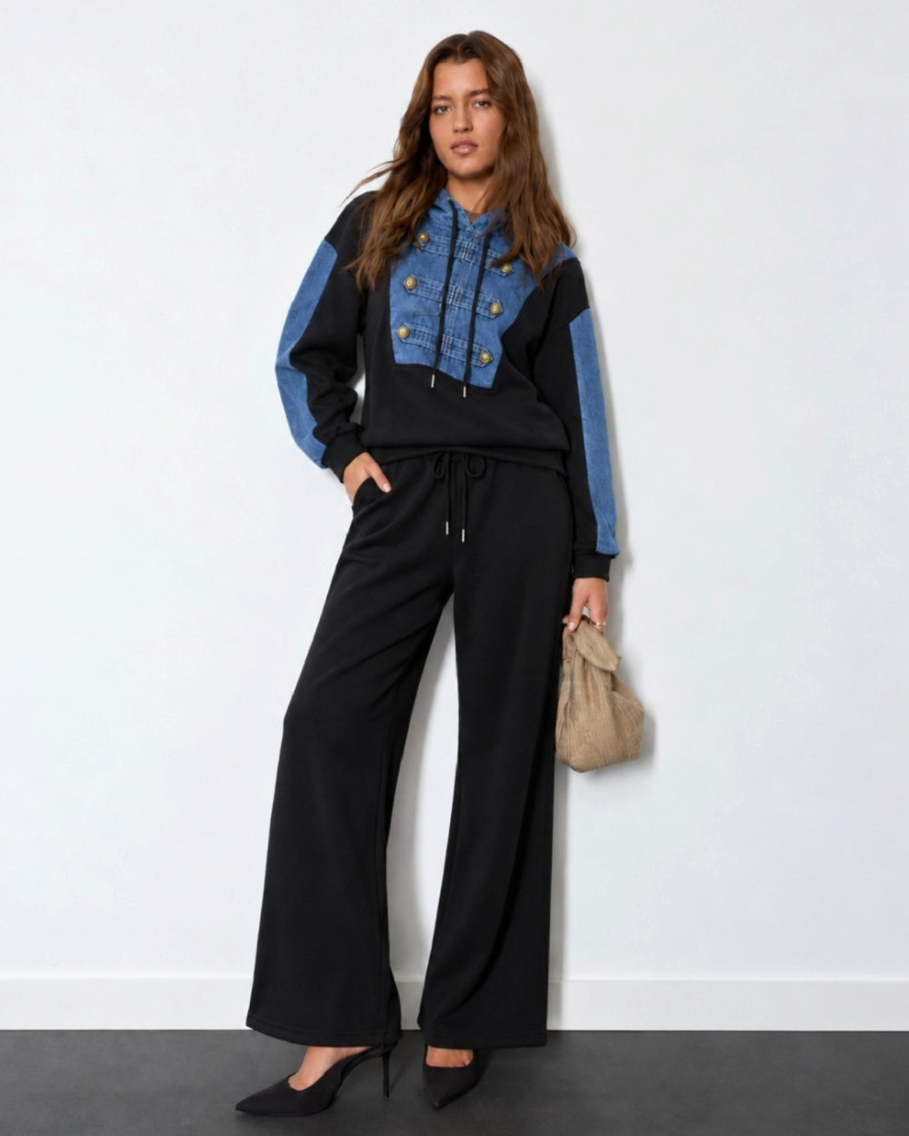 Denim-Panel Hoodie & Wide-Leg Pants Set - Zilvina