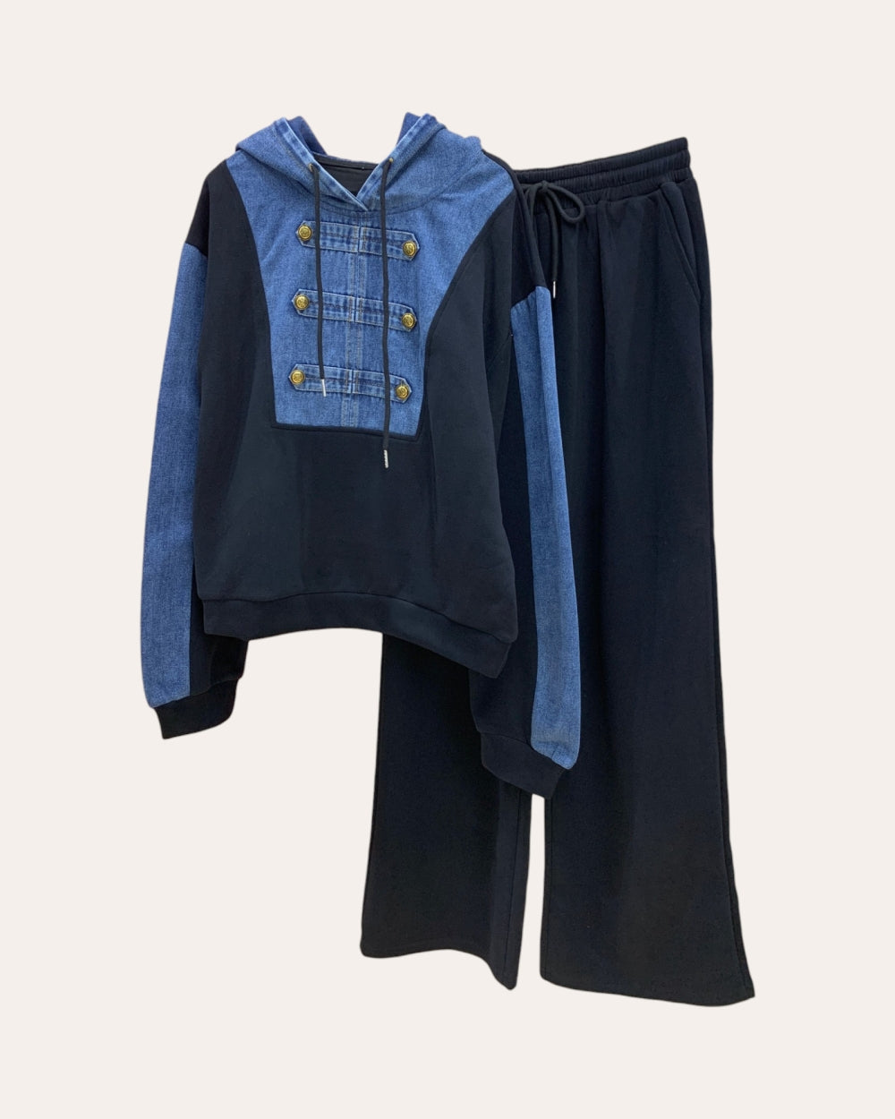 Denim-Panel Hoodie & Wide-Leg Pants Set - Zilvina