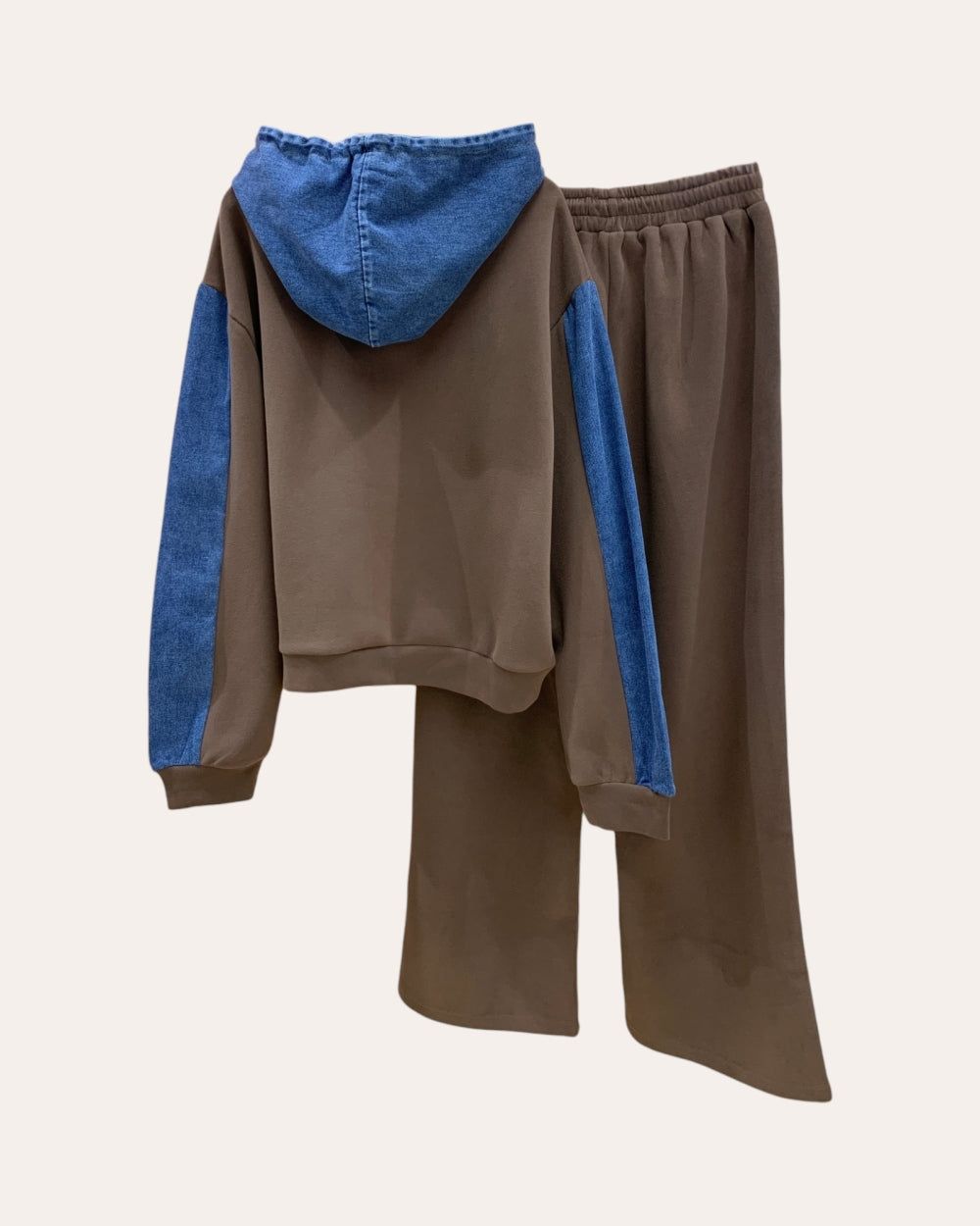 Denim-Panel Hoodie & Wide-Leg Pants Set - Zilvina
