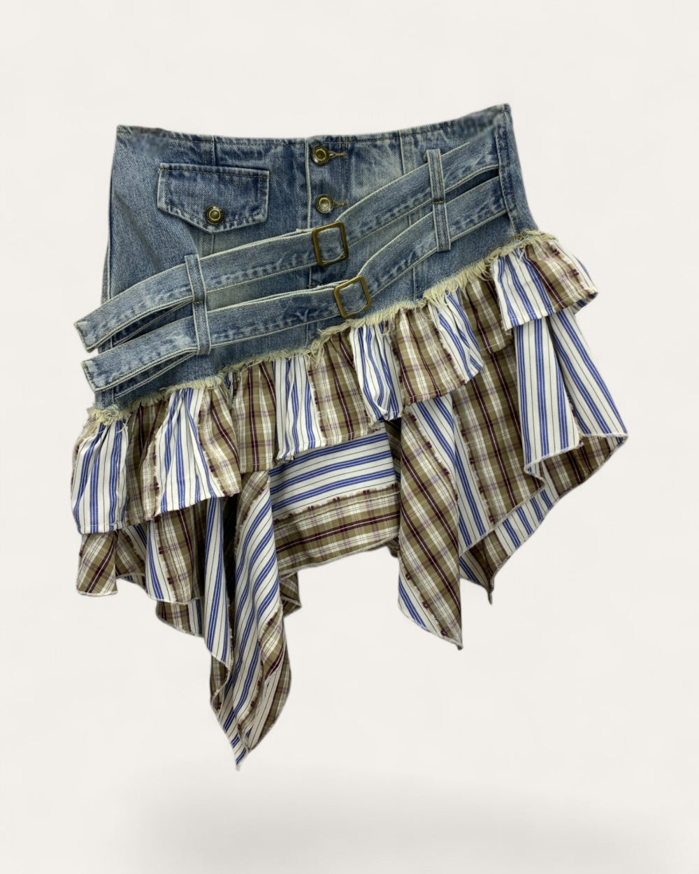 Denim Patchwork Ruffle Mini Skirt - Zilvina