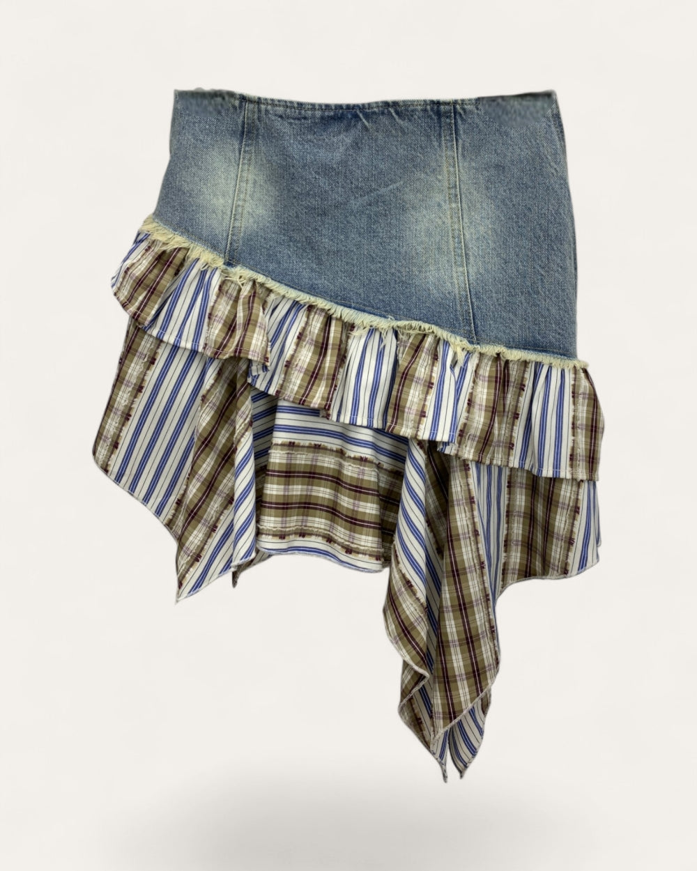 Denim Patchwork Ruffle Mini Skirt - Zilvina