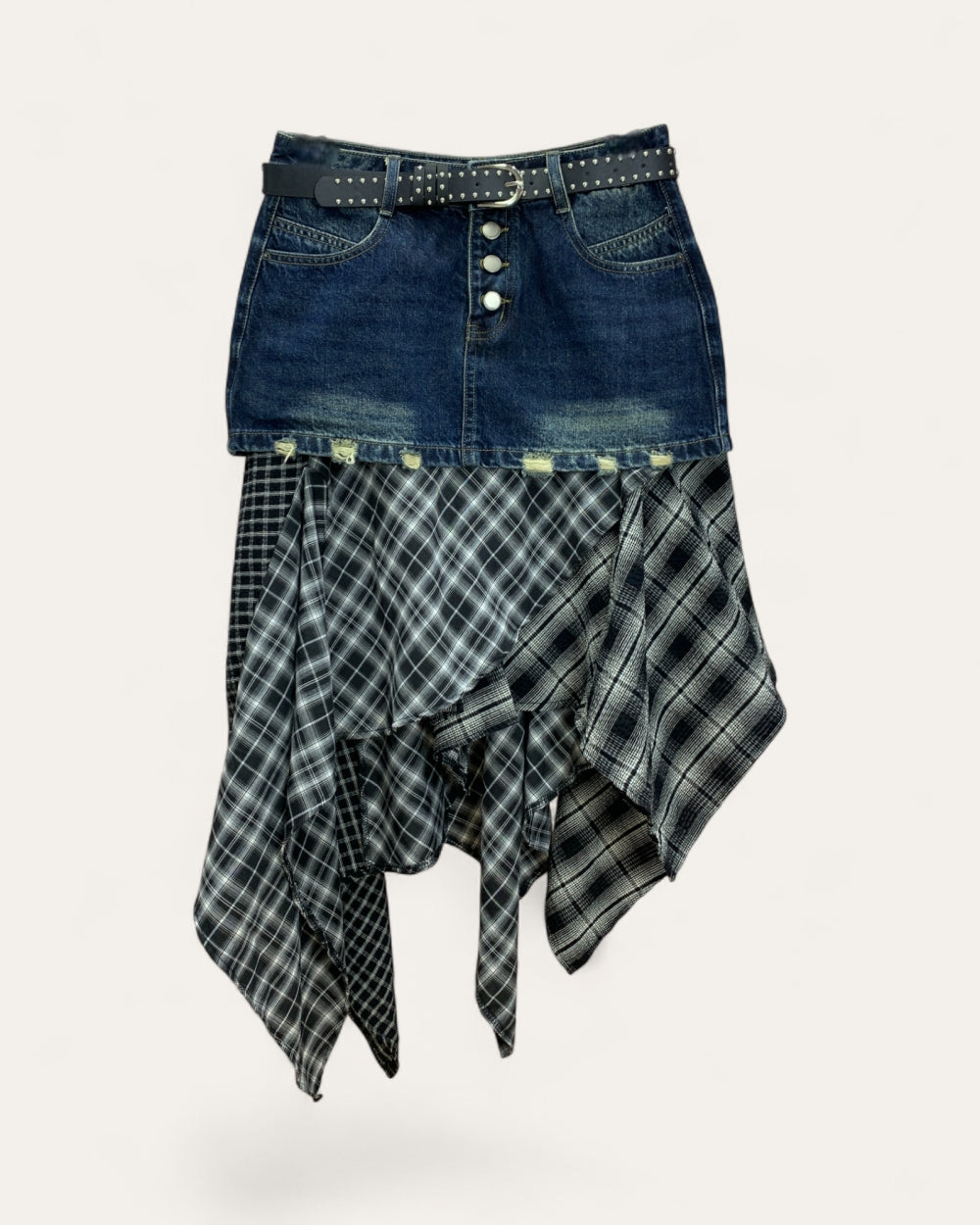 Denim Plaid Layered Skirt with Stud Belt - Zilvina