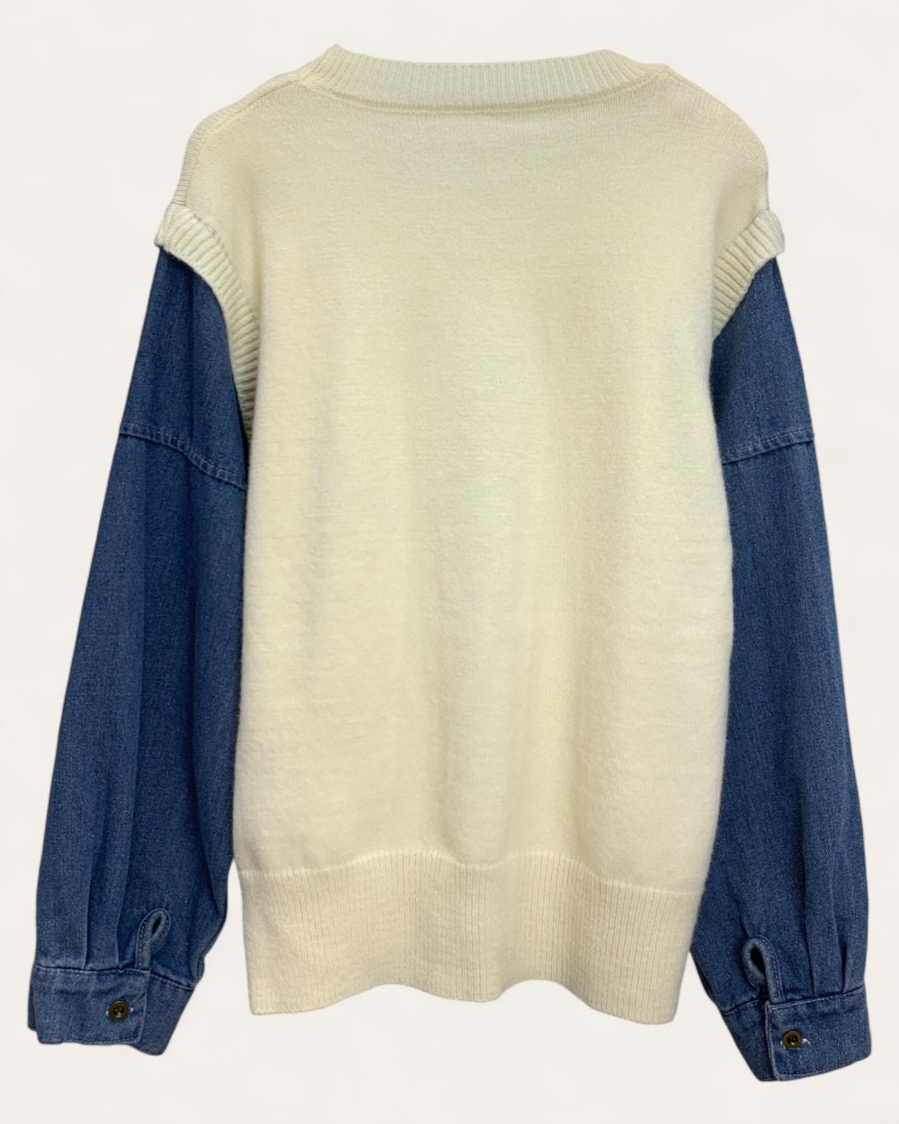 Denim - Sleeve Teddy Embroidered Knit Sweater - Zilvina