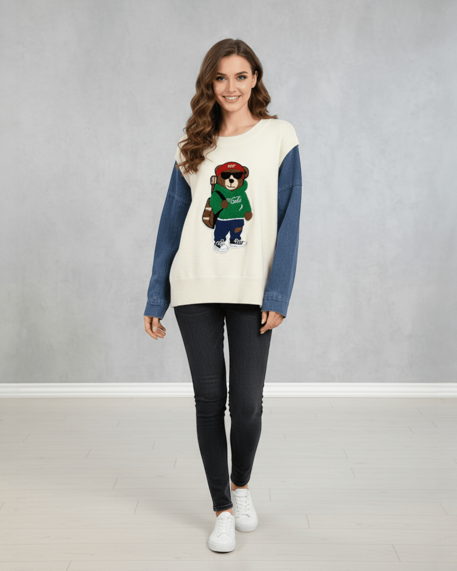 Denim - Sleeve Teddy Embroidered Knit Sweater - Zilvina