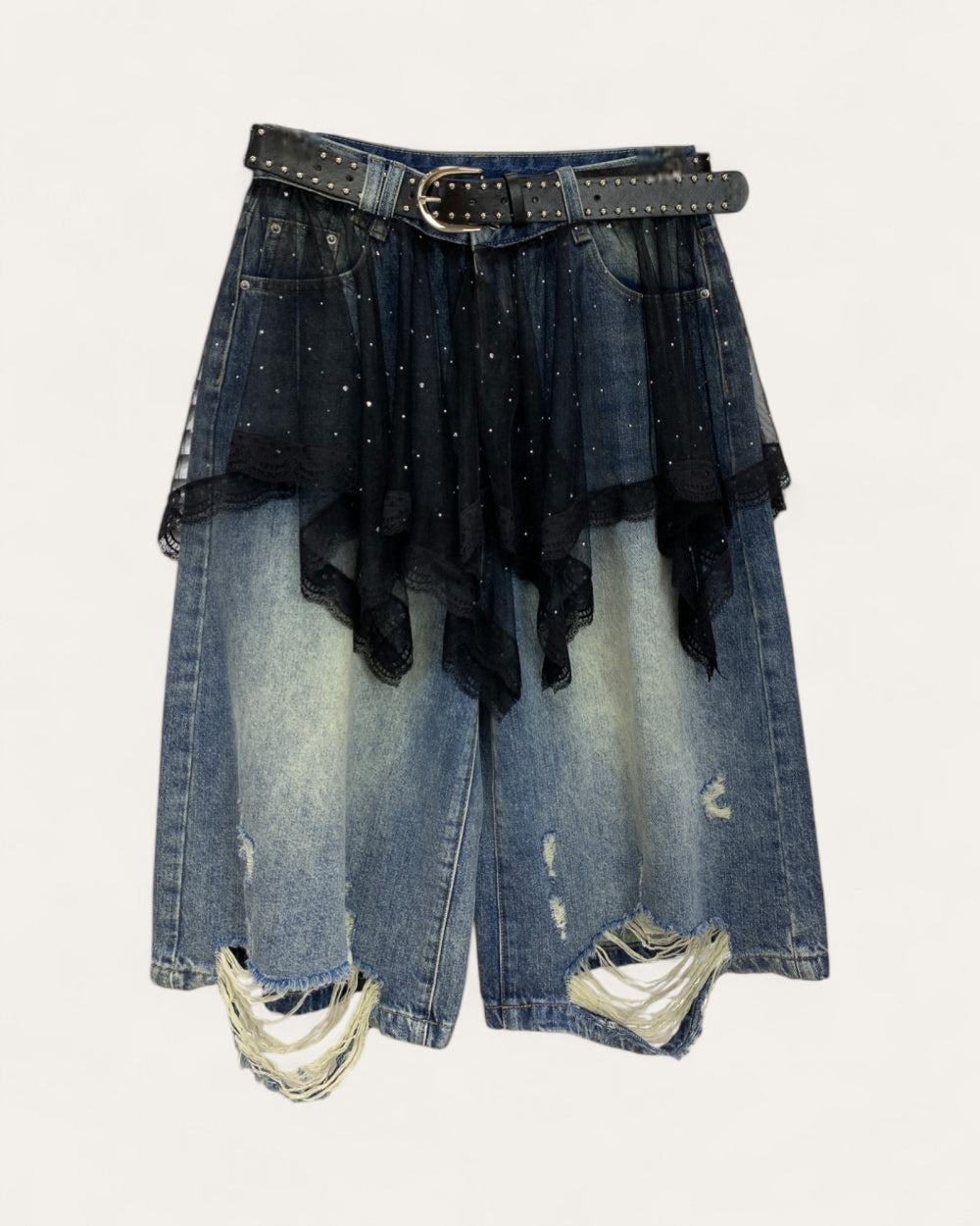 Distressed Denim Tulle Overlay Skirt - Zilvina