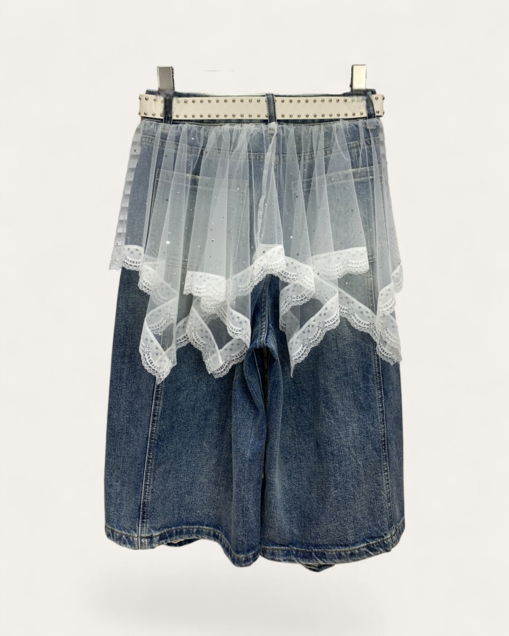 Distressed Denim Tulle Overlay Skirt - Zilvina