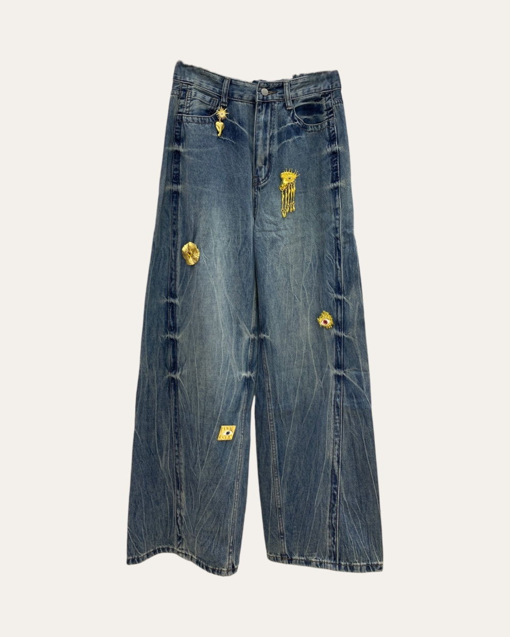 Distressed Embellished Wide Leg Jeans - Zilvina
