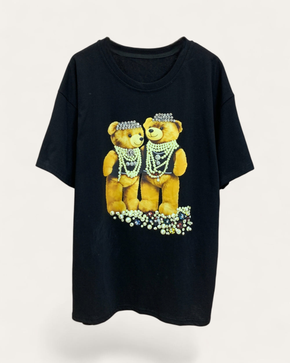 Double Teddy Pearl Detail Short Sleeve Tee - Zilvina