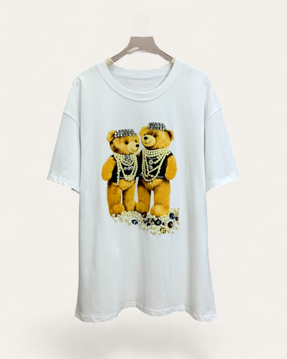 Double Teddy Pearl Detail Short Sleeve Tee - Zilvina