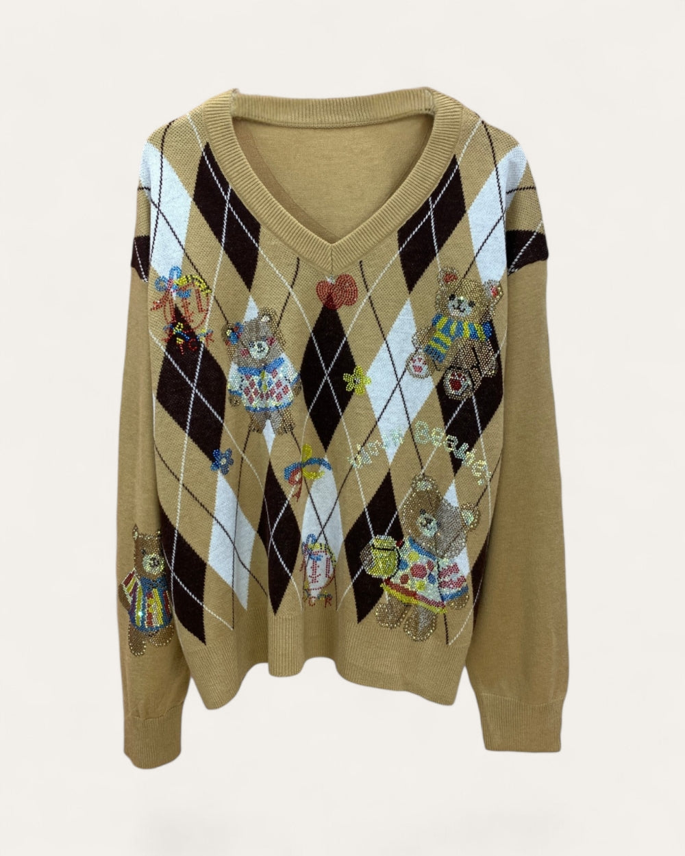 Embellished Argyle Teddy V-Neck Sweater - Zilvina