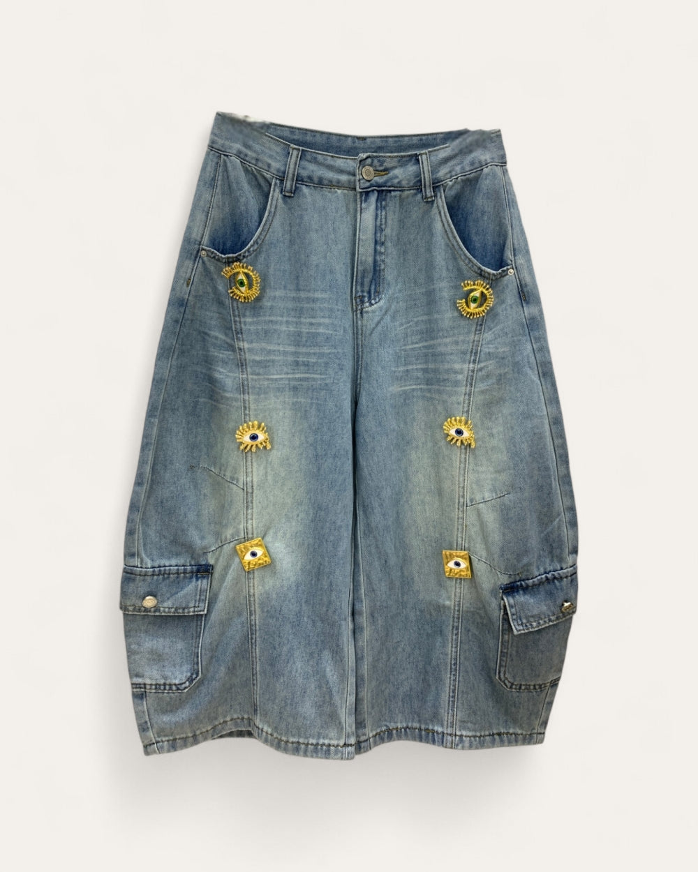 Embellished Cargo Denim Capri - Zilvina