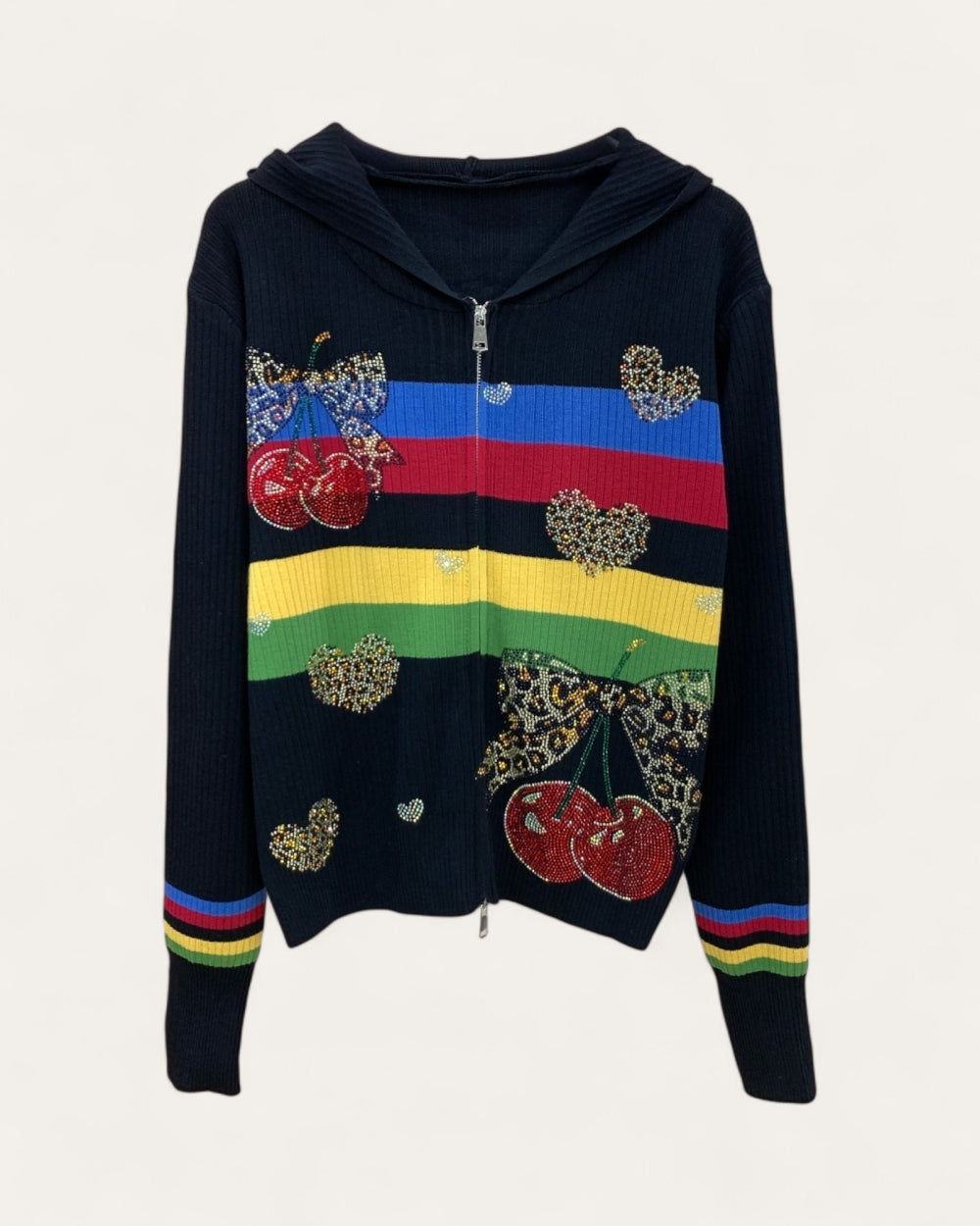 Embellished Cherry Stripe Hooded Knit Cardigan - Zilvina