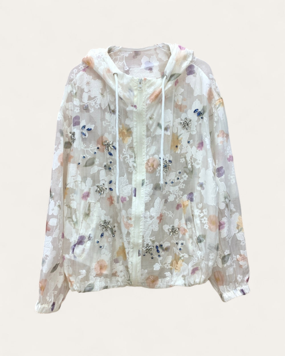 Embellished Floral Sheer Hooded Jacket - Zilvina