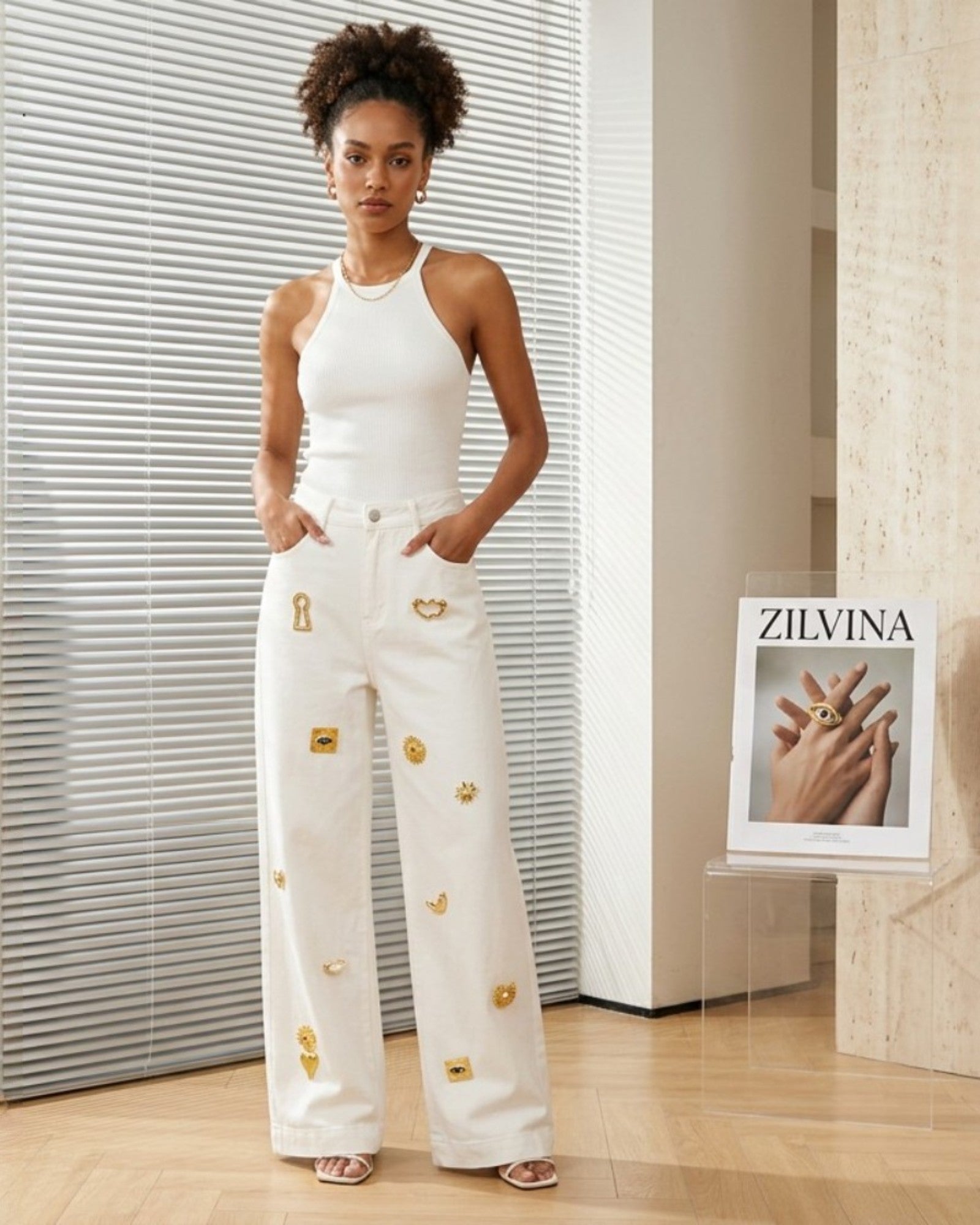 Embellished Straight Leg Denim Jeans - Zilvina