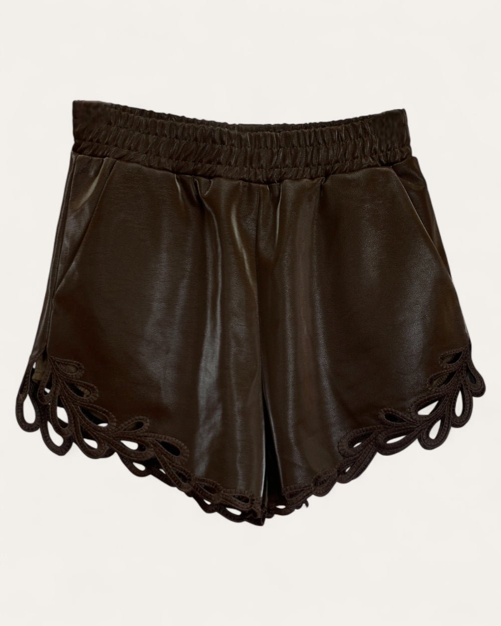 Faux Leather Shorts with Cutout Hem - Zilvina