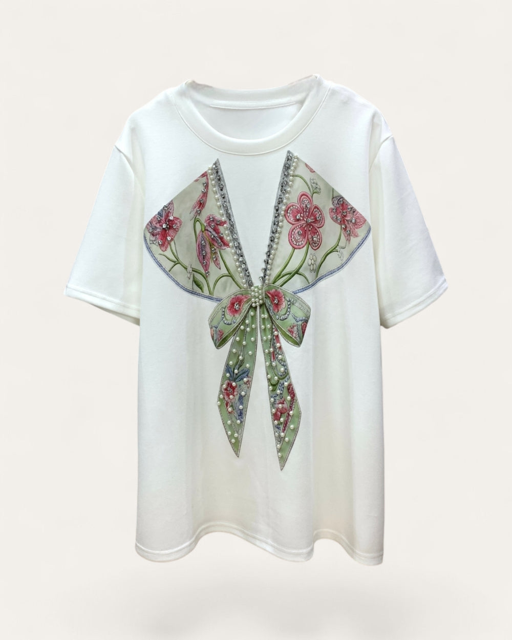 Fleur Ribbon Embellished Graphic Tee - Zilvina