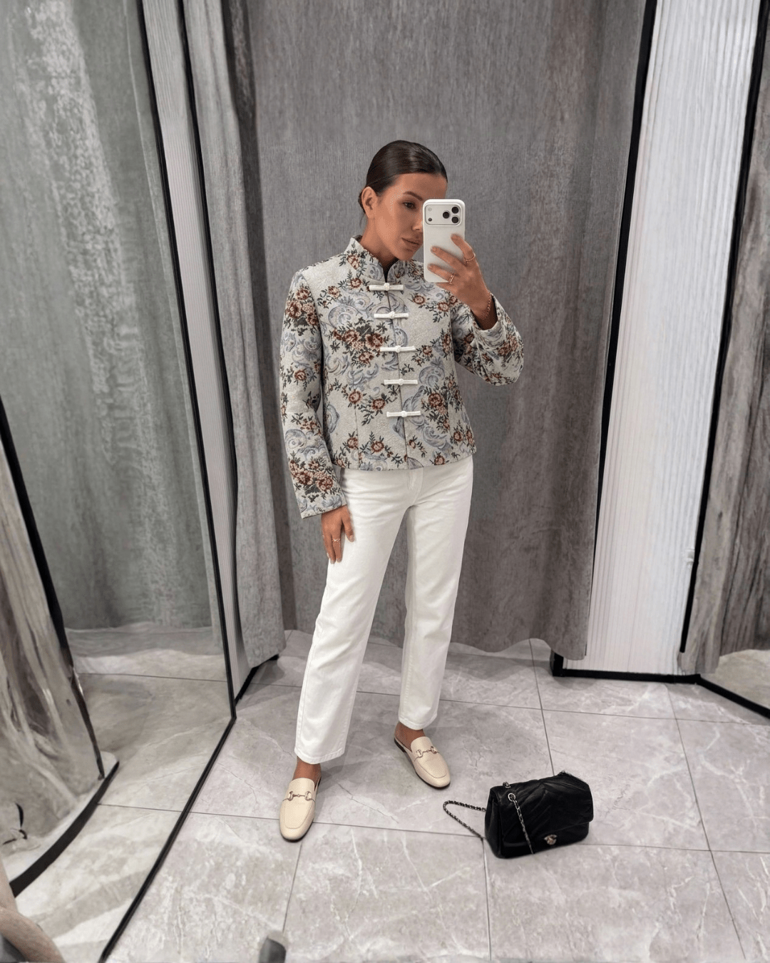 Floral Jacquard Frog Button Jacket - Zilvina
