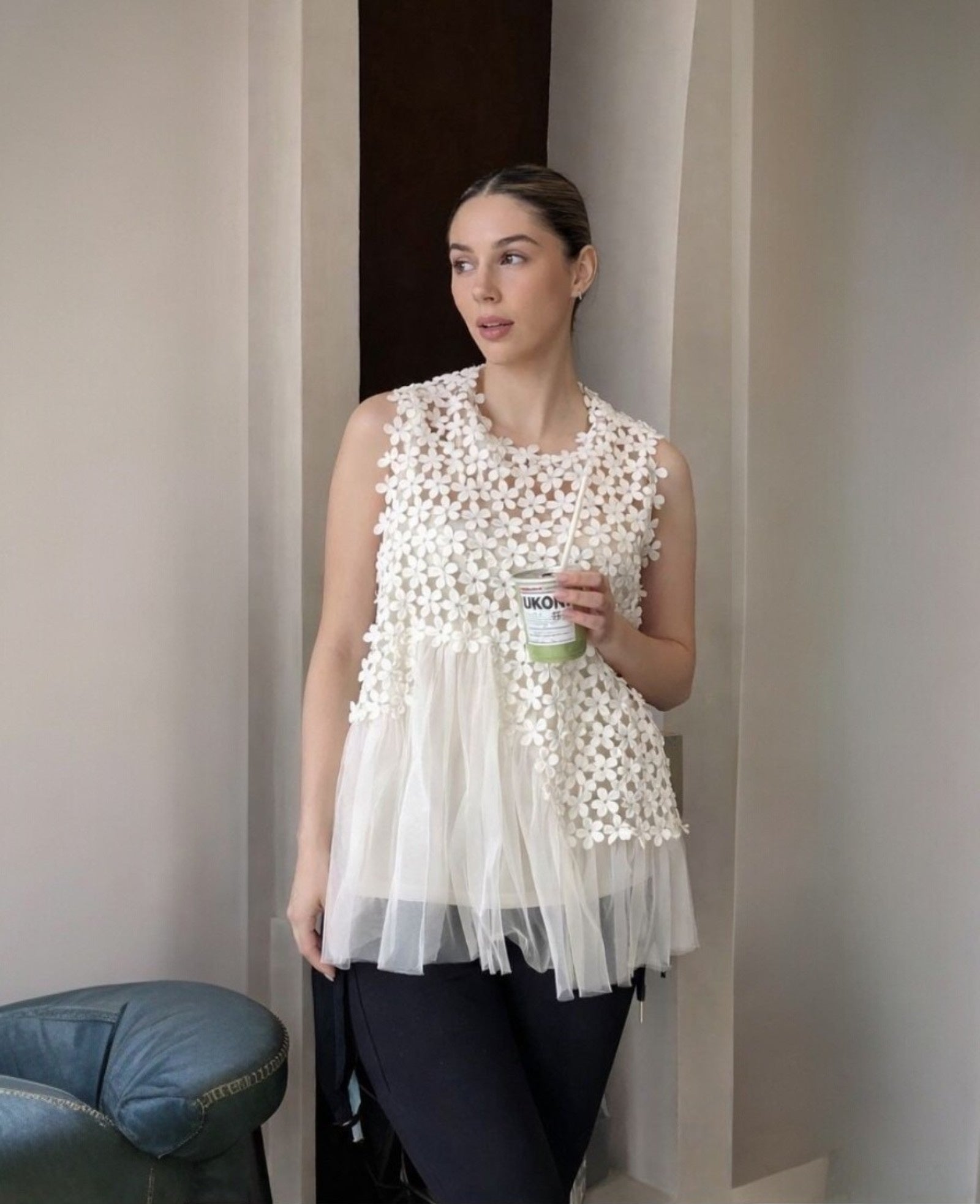 Floral Lace Tulle Peplum Blouse - Zilvina