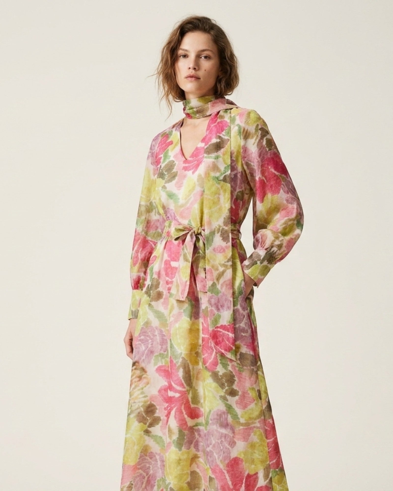 Floral Print Tie Waist Midi Dress - Zilvina