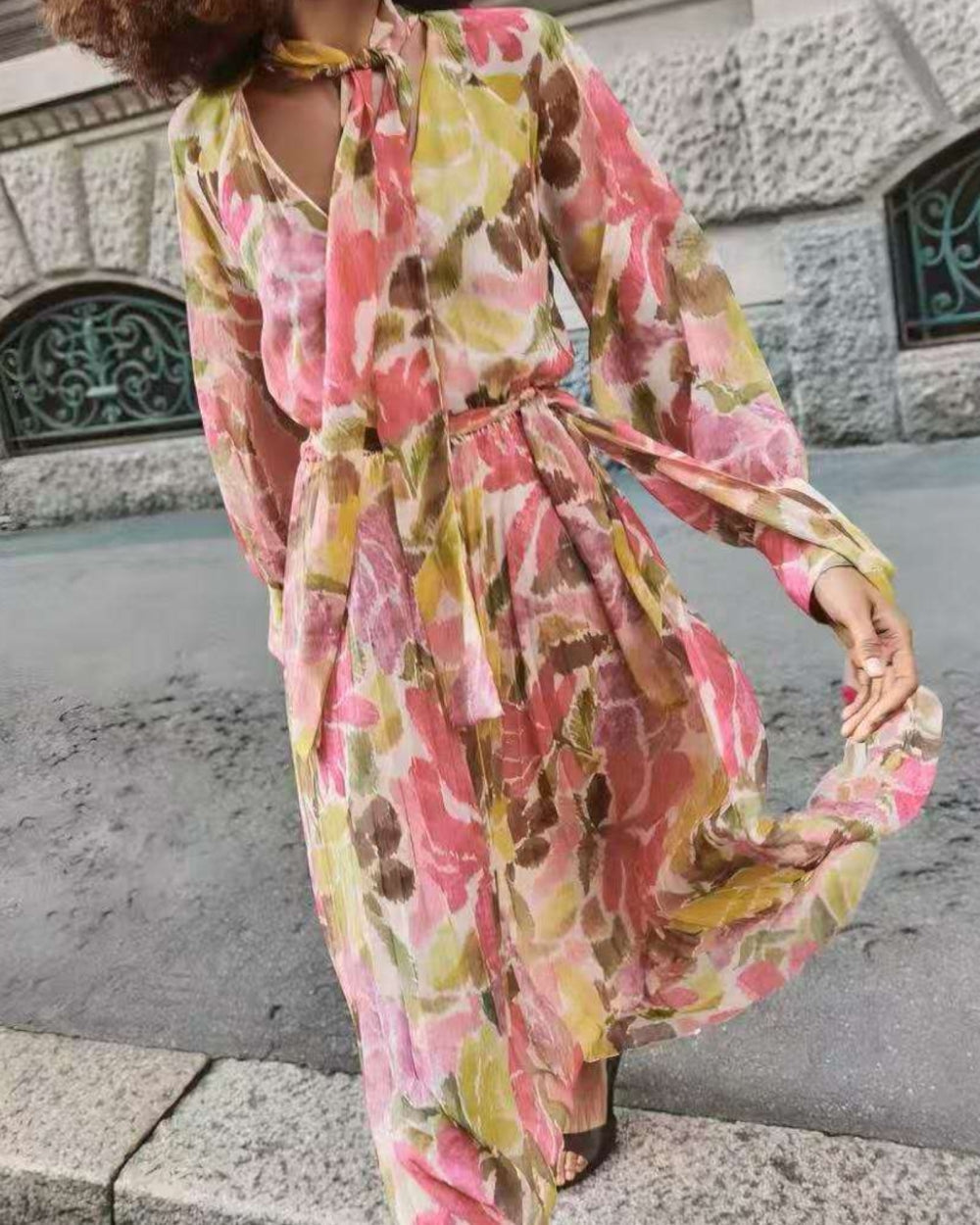 Floral Print Tie Waist Midi Dress - Zilvina