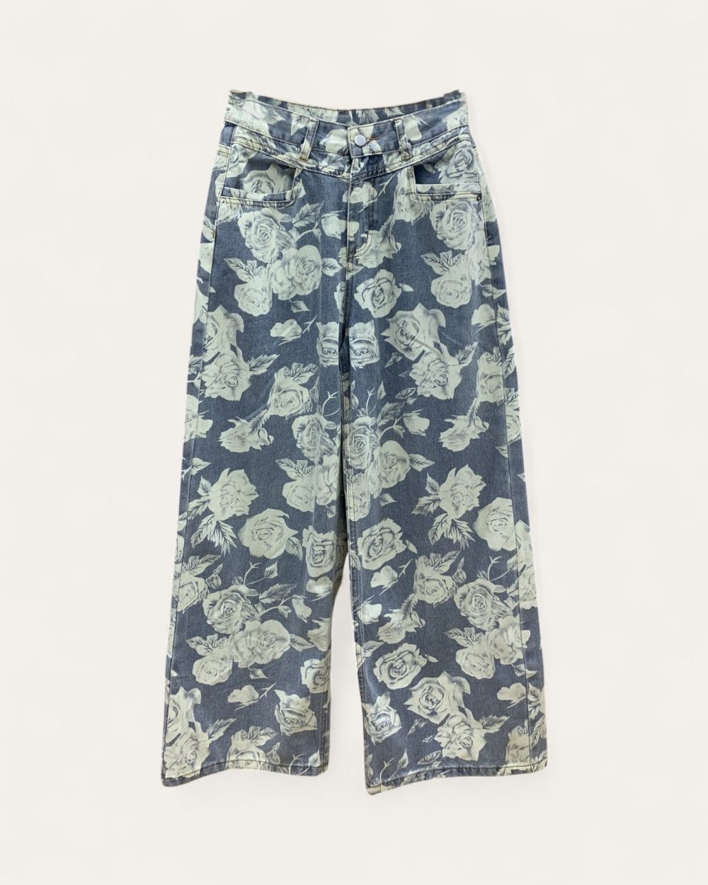 Floral Print Wide Leg Denim Pants - Zilvina