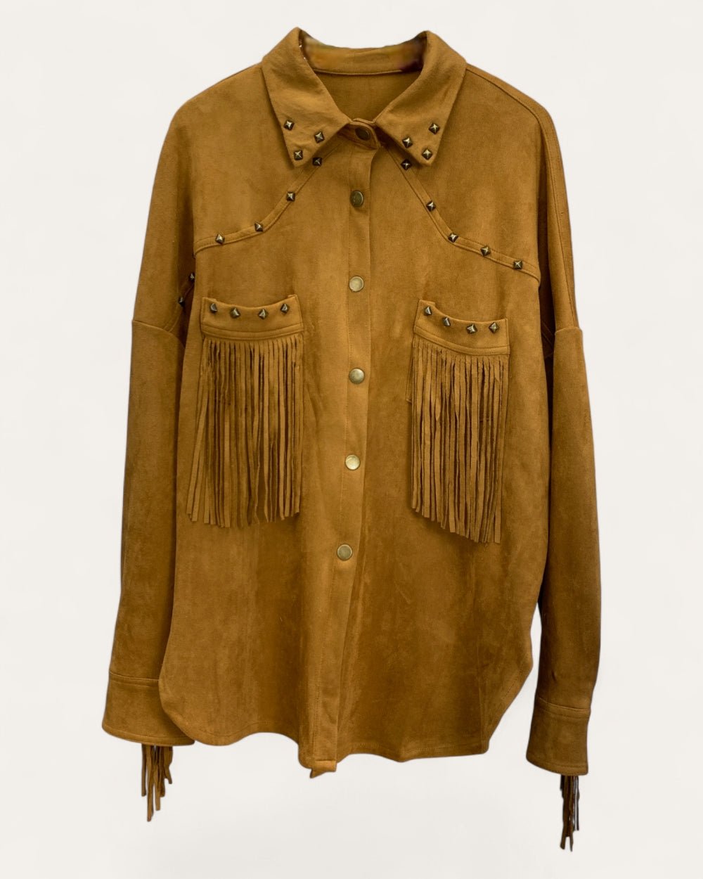 Fringe Trim Studded Shirt Jacket - Zilvina