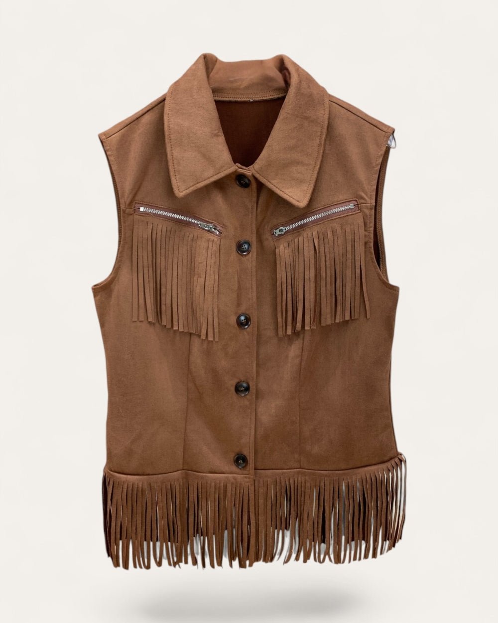 Fringe Zip Pocket Faux Suede Vest - Zilvina