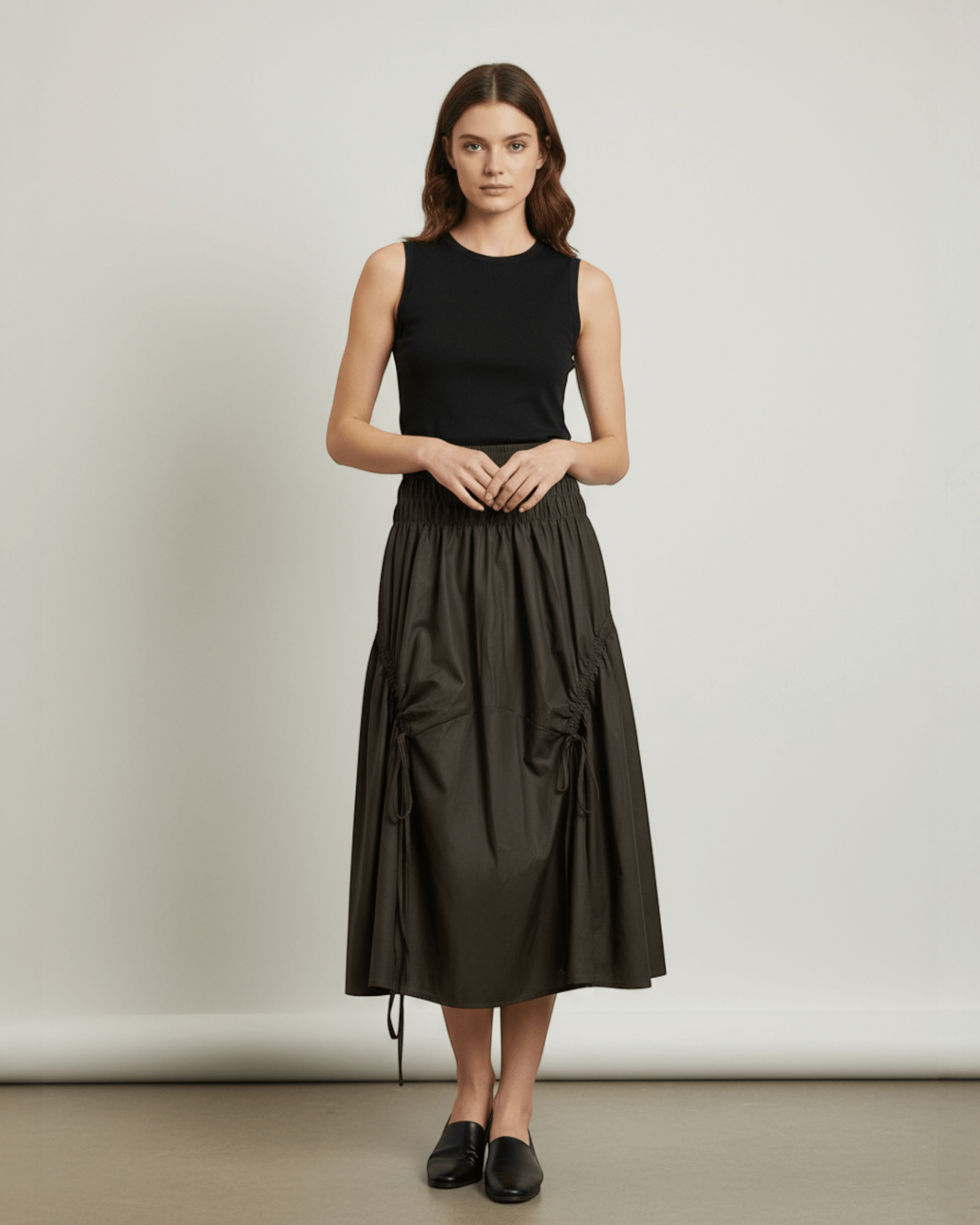 Gathered Faux Leather Midi Skirt - Zilvina
