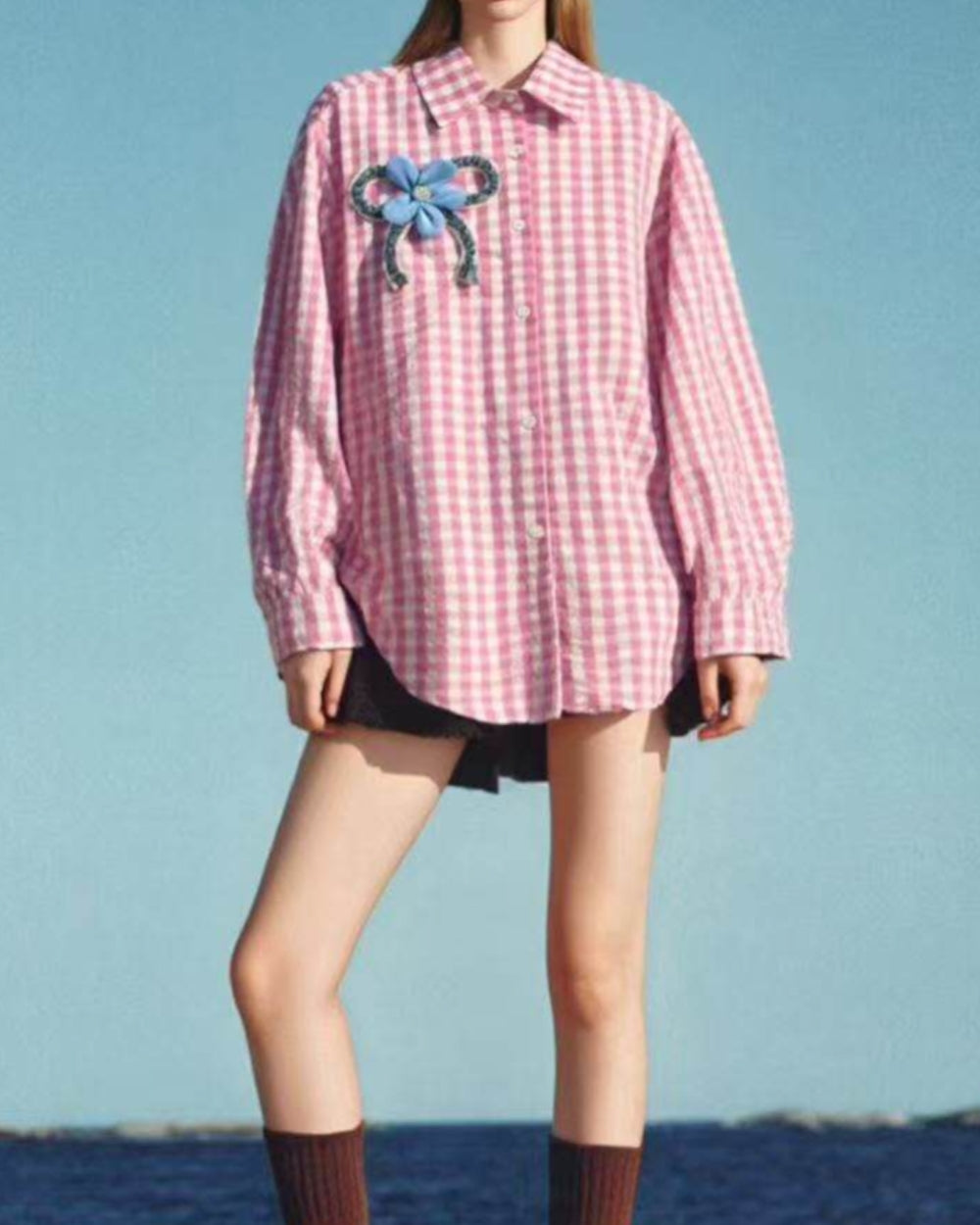 Gingham Bow Appliqué Shirt - Zilvina