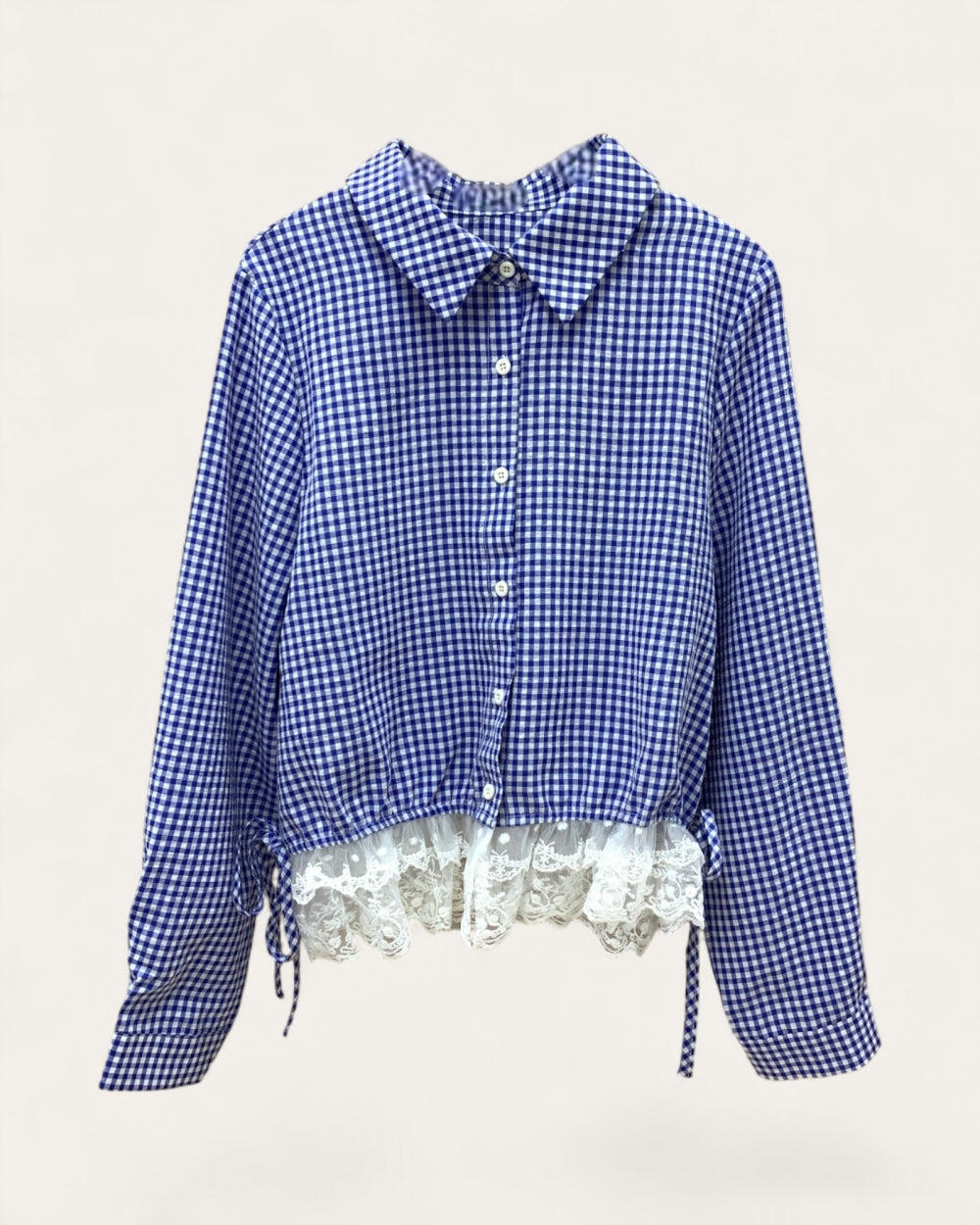 Gingham Lace Hem Cropped Blouse - Zilvina