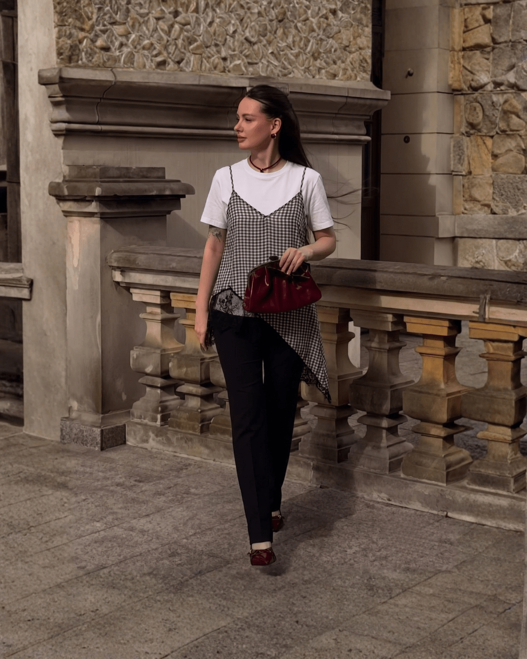 Gingham Lace Layered Asymmetrical Top - Zilvina