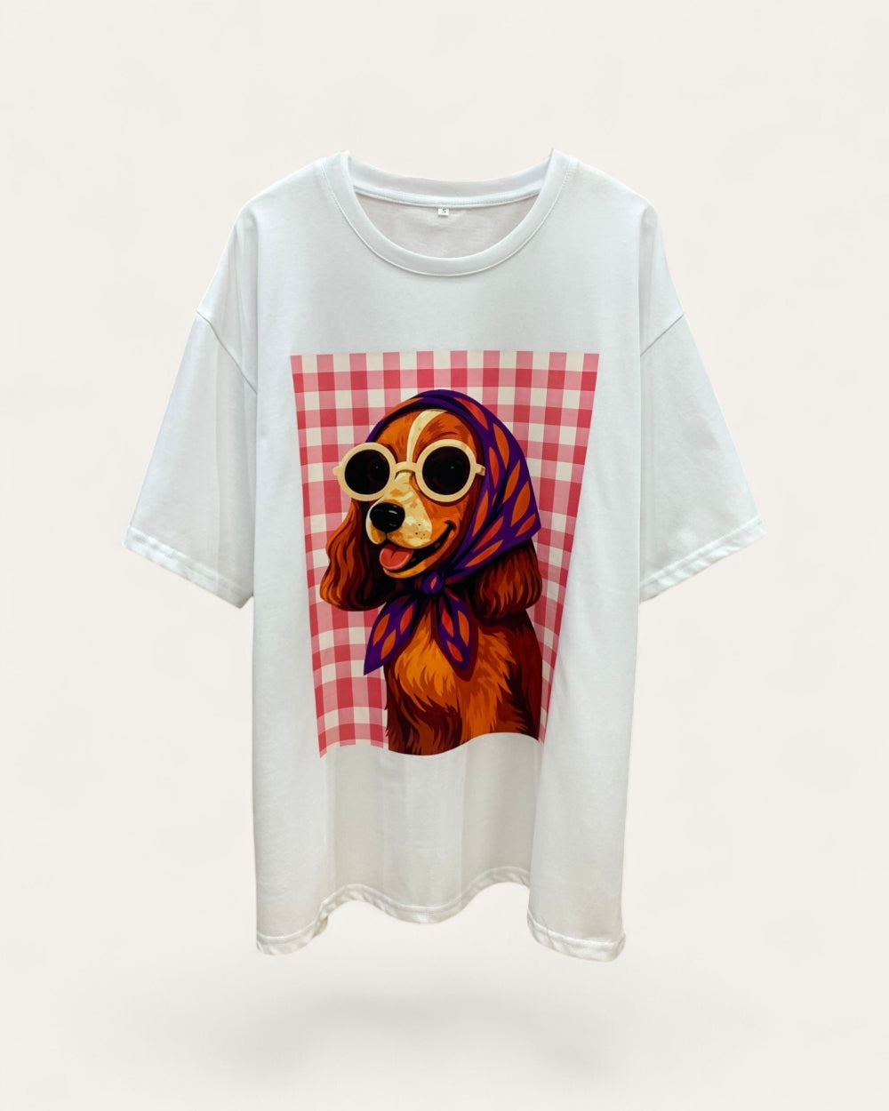 Gingham Scarf Dog Graphic Tee - Zilvina