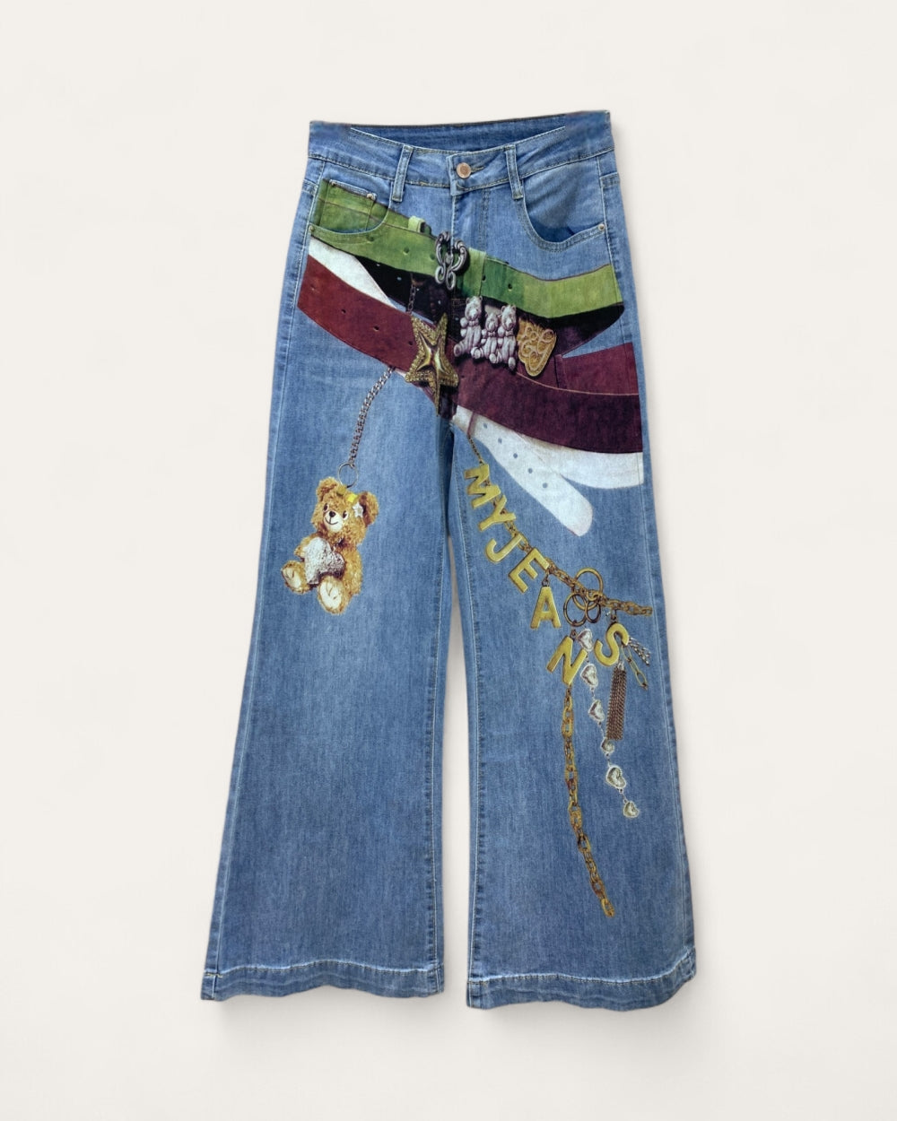 Graphic Belt Print Wide Leg Jeans Stretch - Zilvina