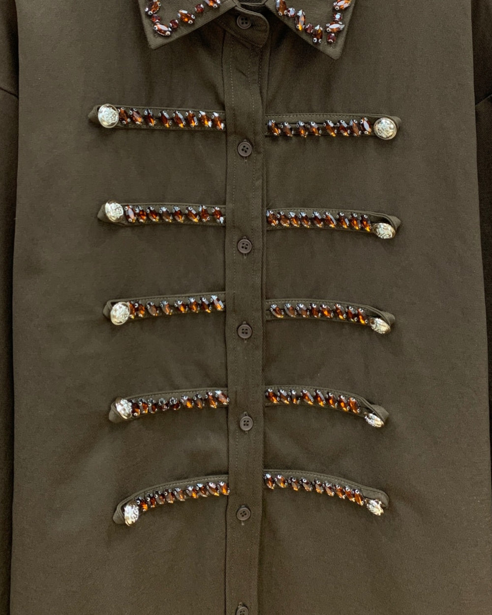 Jeweled Military Button-Up Shirt Jacket - Zilvina