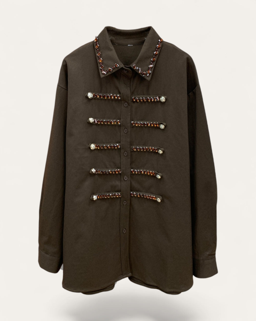 Jeweled Military Button-Up Shirt Jacket - Zilvina