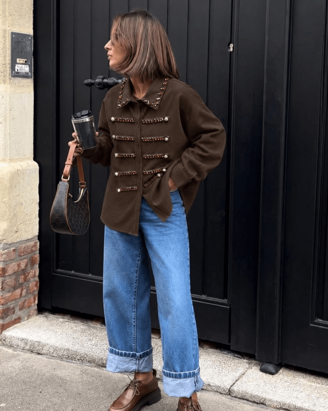 Jeweled Military Button-Up Shirt Jacket - Zilvina
