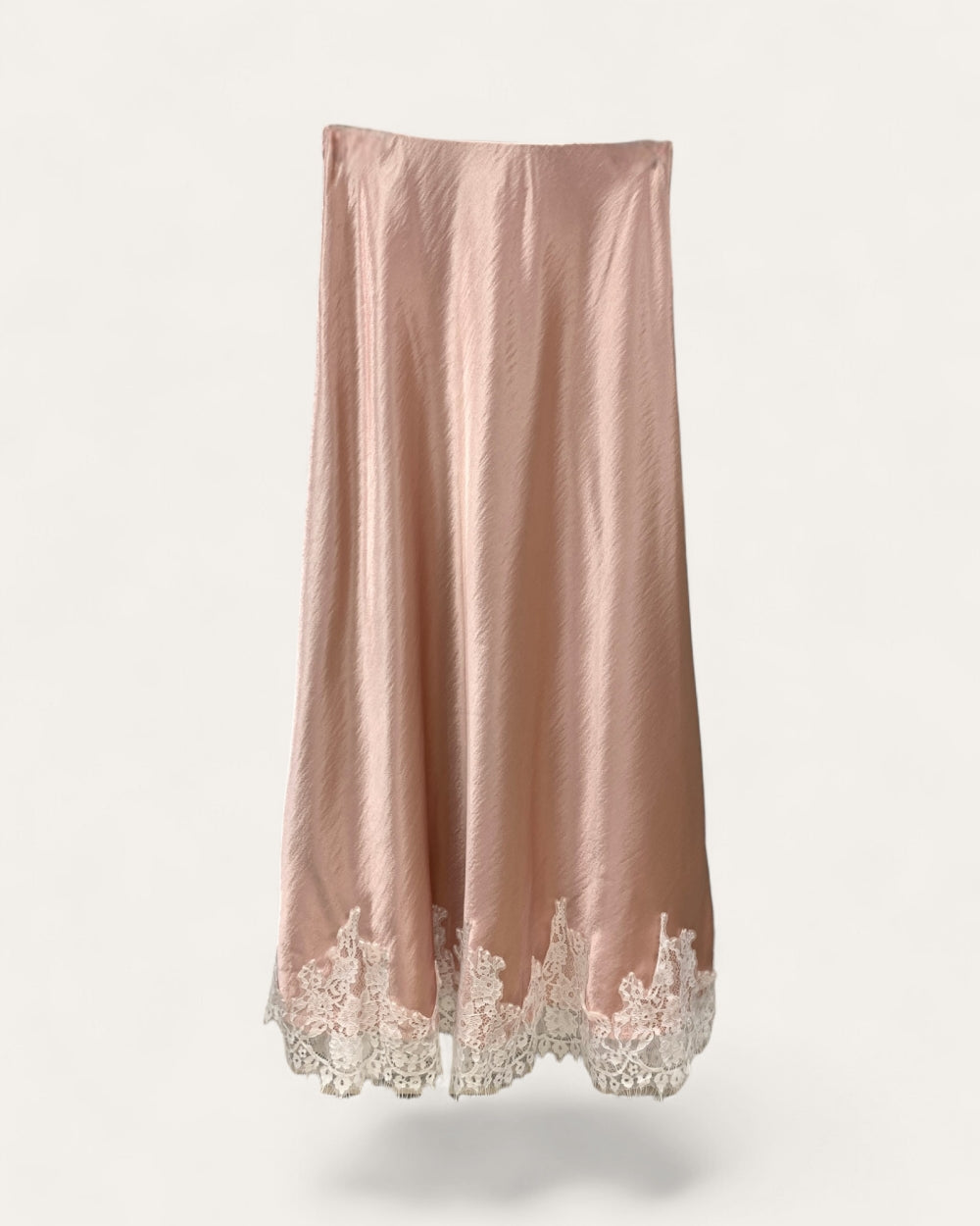 Lace Hem Satin Slip Midi Skirt - Zilvina