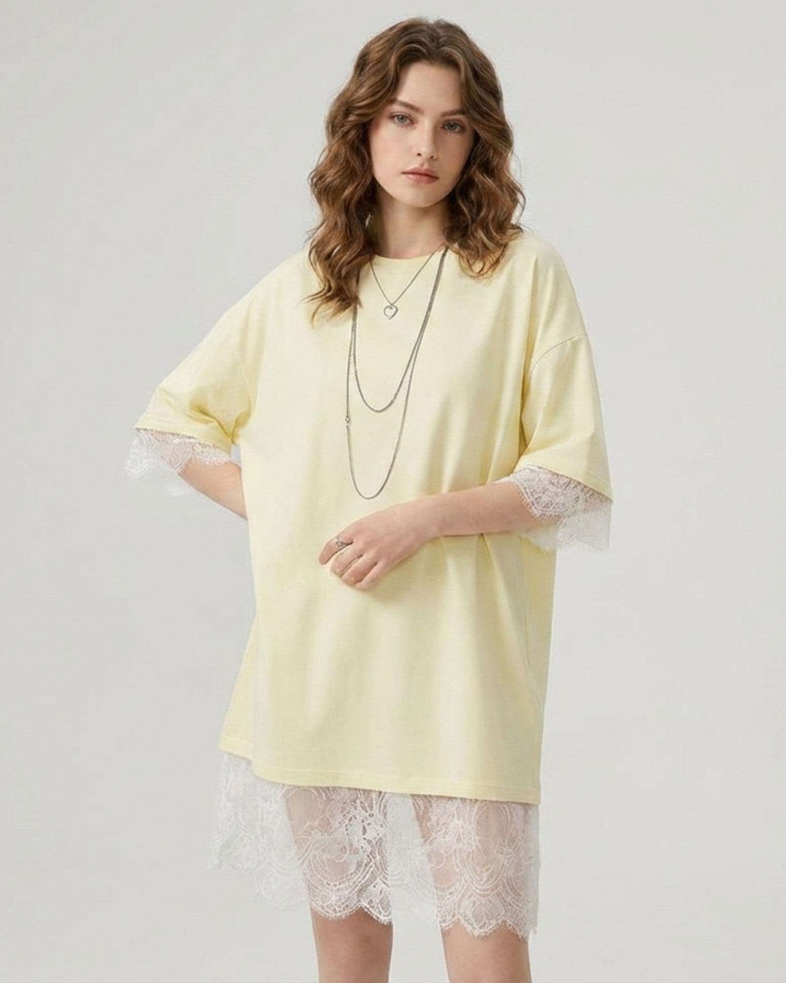 Lace Layered Oversized T-Shirt Dress - Zilvina