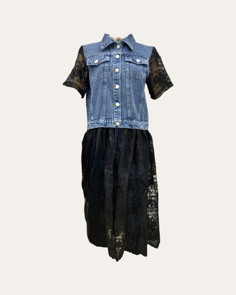 Lace Panel Denim Layered Midi Dress - Zilvina