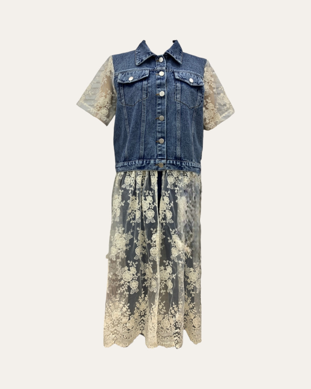 Lace Panel Denim Layered Midi Dress - Zilvina
