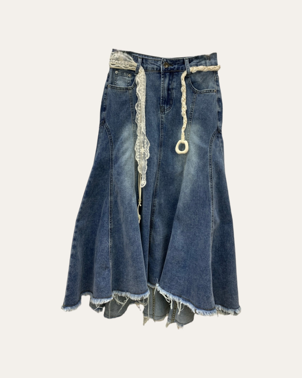 Lace Panel Flared Denim Midi Skirt - Zilvina