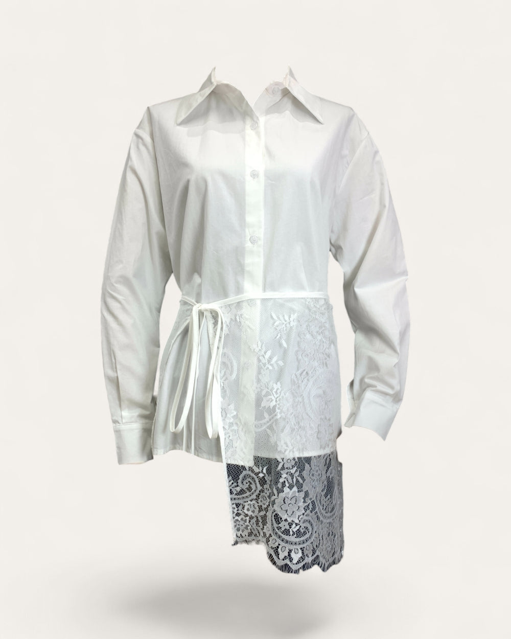 Lace Panel Tie - Waist Long Shirt - Zilvina