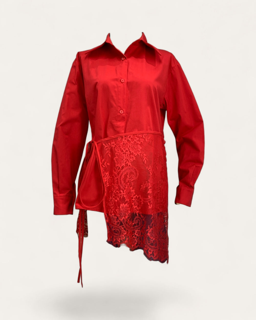 Lace Panel Tie - Waist Long Shirt - Zilvina