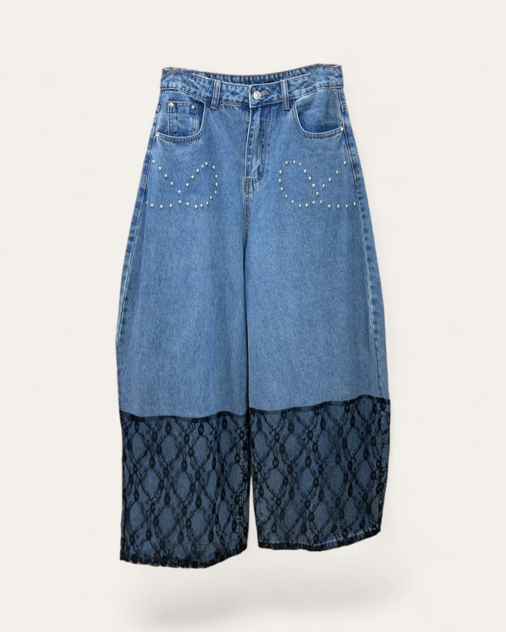 Lace Panel Wide Leg Denim Pants - Zilvina