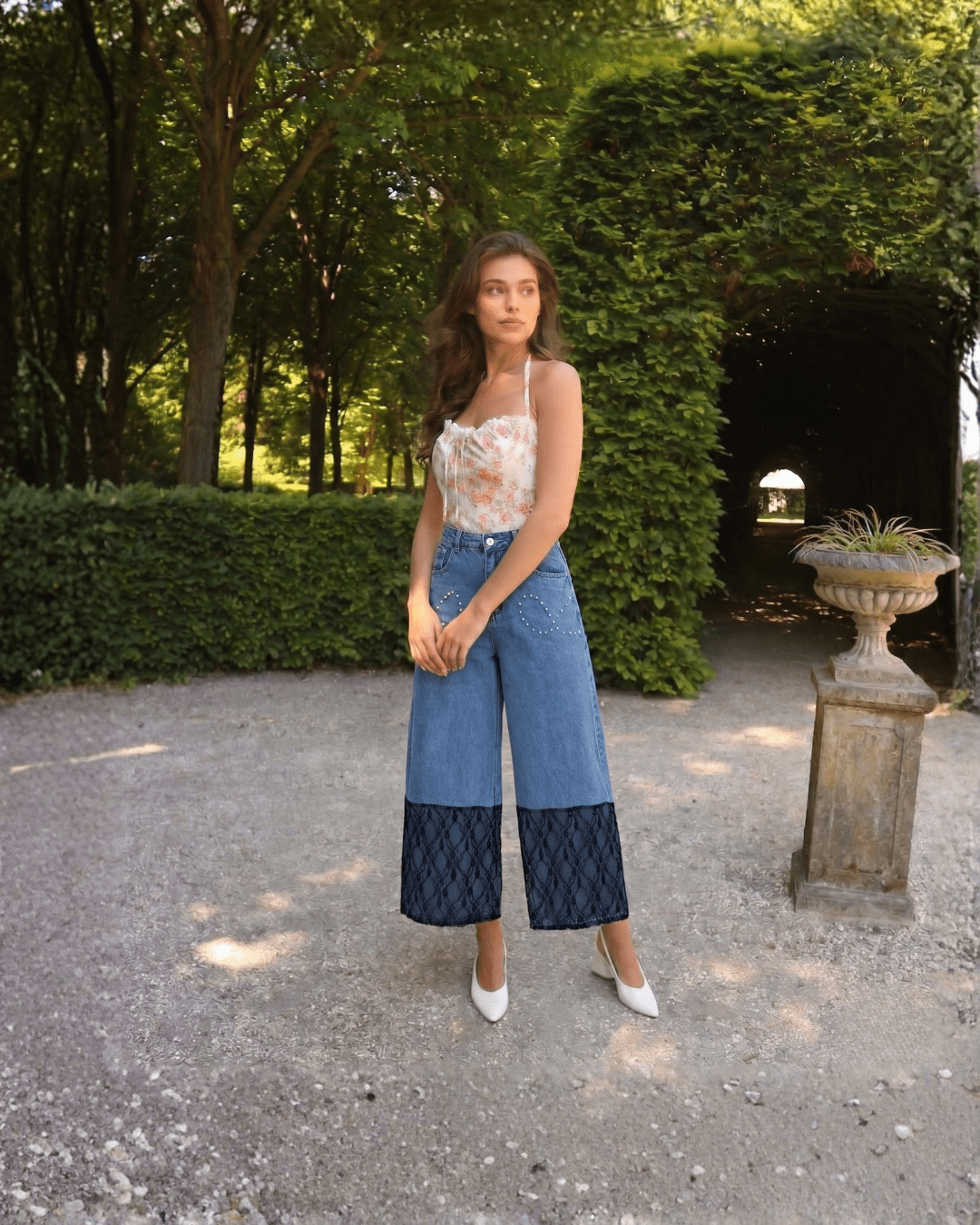 Lace Panel Wide Leg Denim Pants - Zilvina