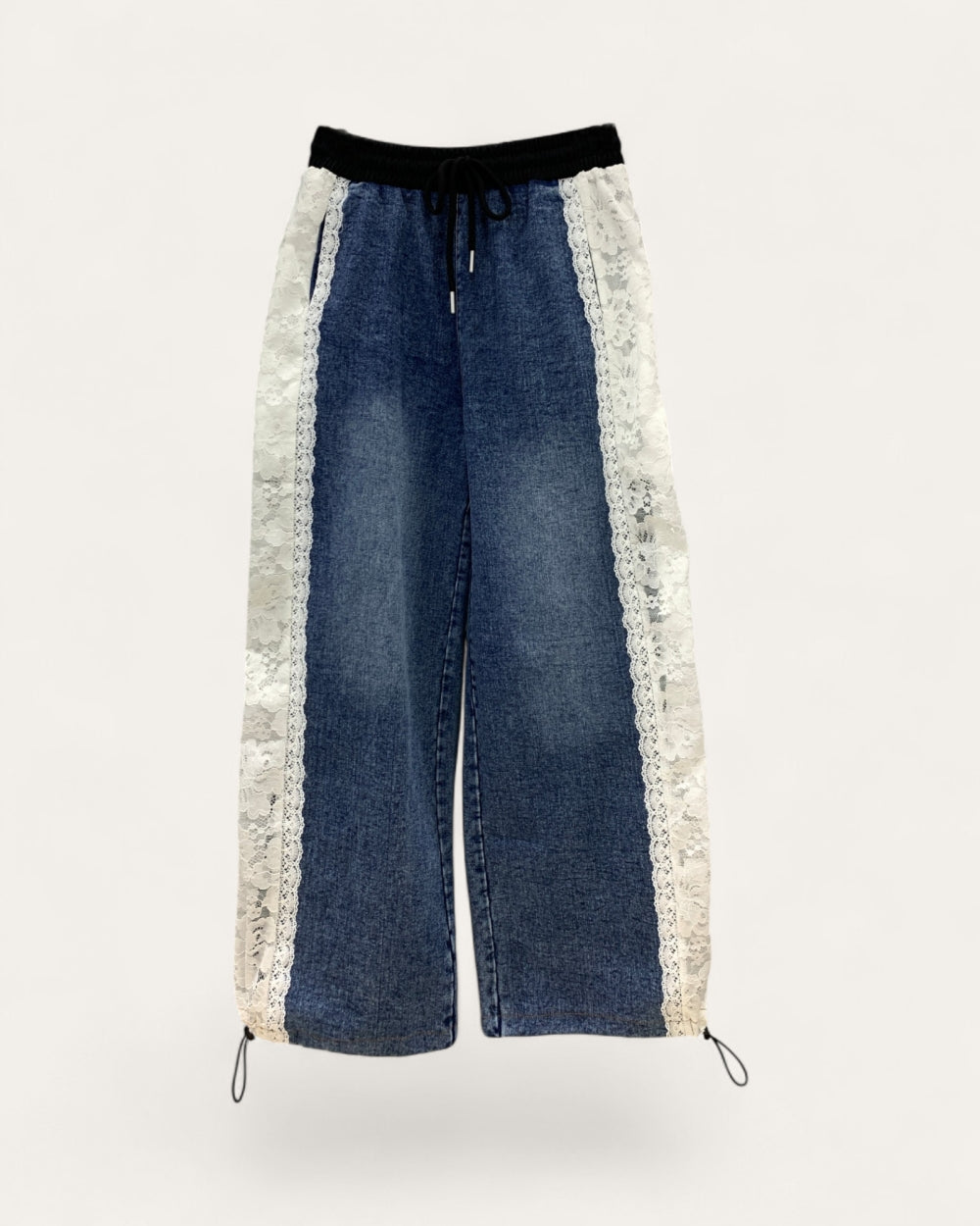 Lace Panel Wide Leg Denim Pants - Zilvina